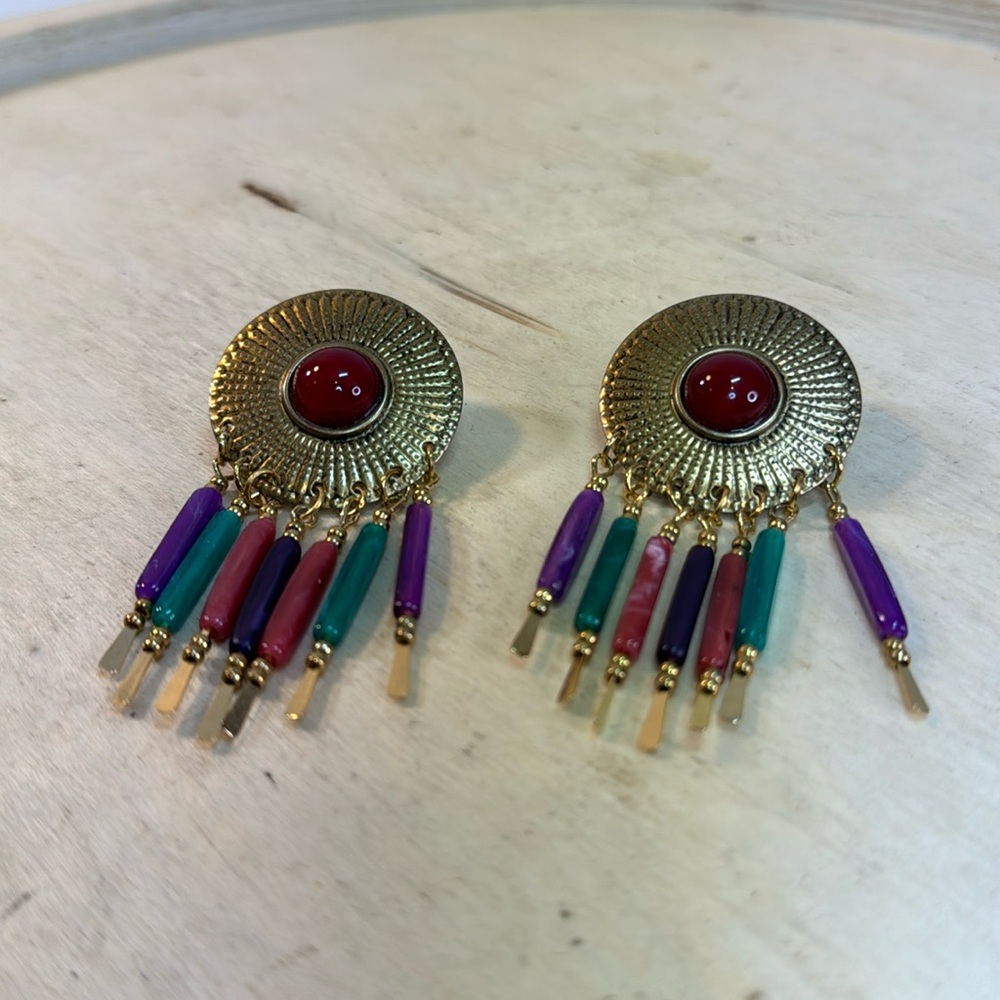 VINTAGE BRASS TONE BOHEMIAN FRINGE POST EARRINGS